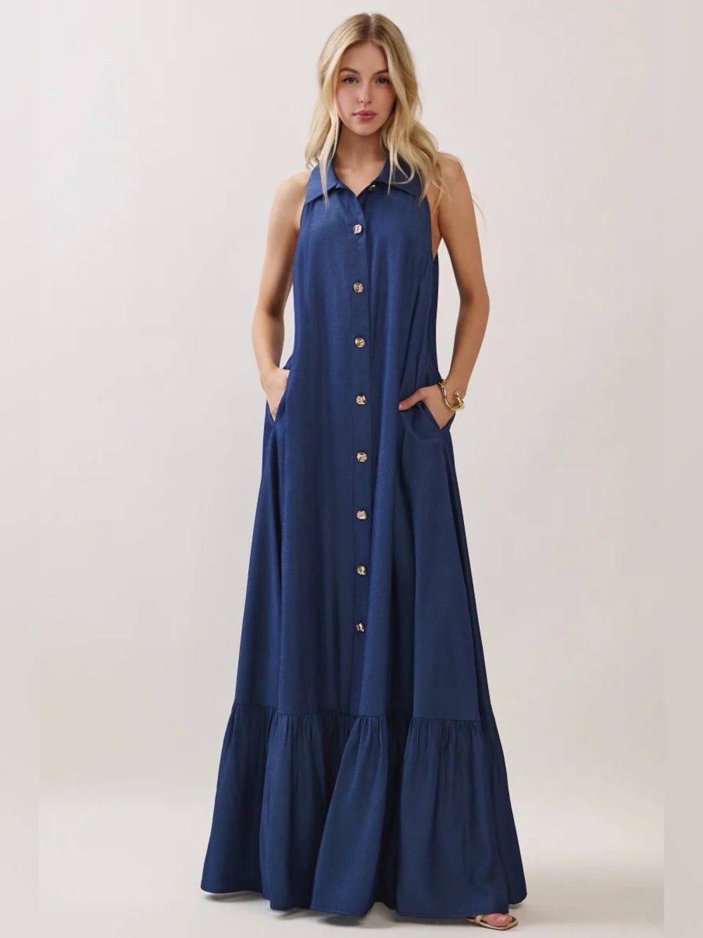 NWT Sleeveless Navy Button-Front Maxi Dress with Pockets | Summer Chic Outfit